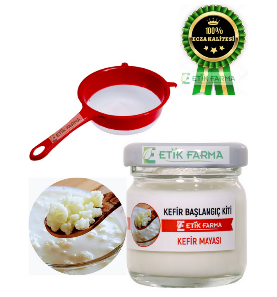 ETİK-FARMA Özel Üretim Organik Kafkas Süt Kefir Mayası Başlangıç Kiti Süzgeç [ Canlı Kefir Taneleri ]