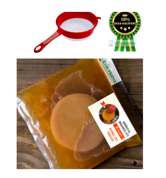 ETİK-FARMA Özel Üretim Organik Kombucha Özel Başlangıç Kiti-kombu Mantarı-Kombucha Mantarı Çayı + Plastik Süzgeç